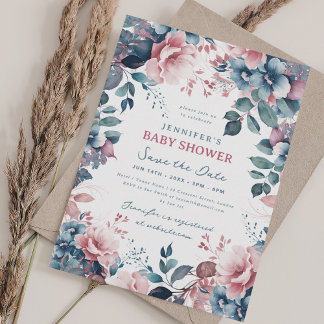Invitation Boho Blue Garden Floral Baby shower Enregistrer Da
