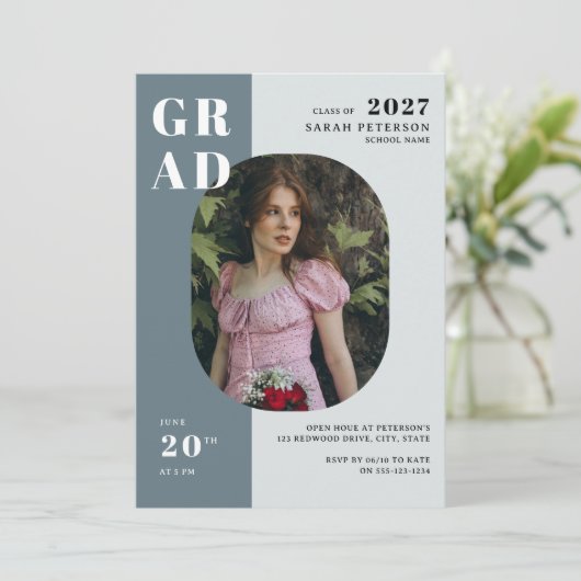 Invitation Boho Blue Grey Bold Typographie Photo Graduation (Debout devant)
