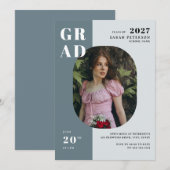 Invitation Boho Blue Grey Bold Typographie Photo Graduation (Devant / Derrière)