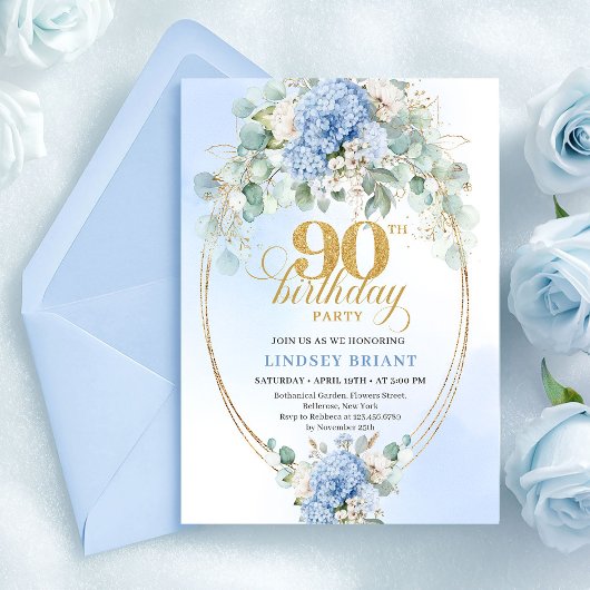 Invitation Boho Blue Hydrangea Greenery 90th Birthday Invite