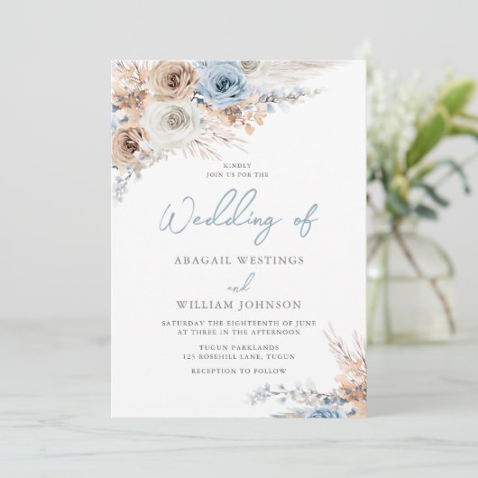 Invitation Boho Blue II : Dusty Blue & White Flowers Mariage (Debout devant)