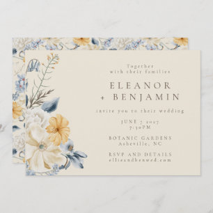 Invitation Boho Blue Jellow Floral Aquarelle Motif Mariage