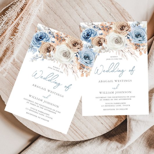 Invitation Boho Blue : Mariage Floral Bohème Bleu Poussiéreux
