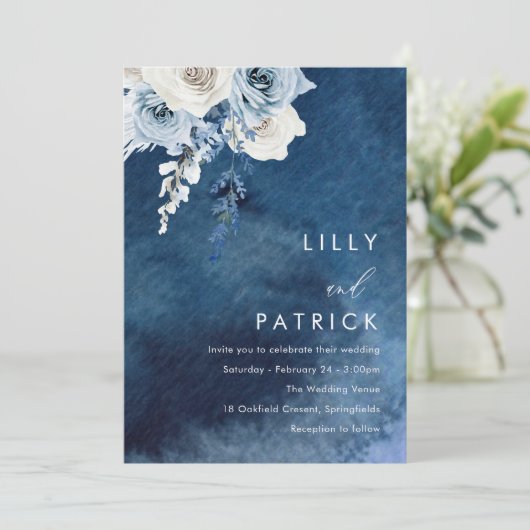 Invitation Boho Blue Navy Aquarelle Mariage (Debout devant)