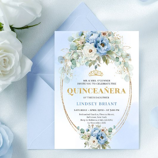 Invitation Boho Blue Peonies Eucalyptus Quinceañera Download