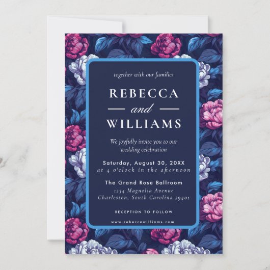 Invitation Boho Blue Pink Peonies Flower Wedding  (Devant)