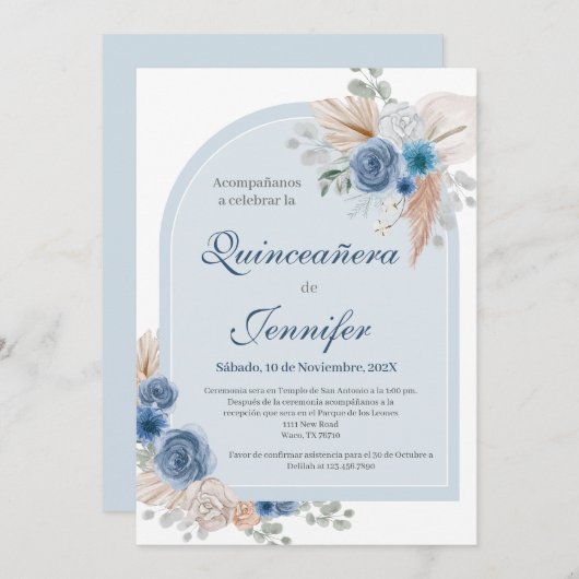 Invitation Boho Blue Quinceanera (Devant / Derrière)