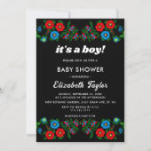 Invitation Boho Blue Red Roses Black Floral Boy Baby shower (Devant)