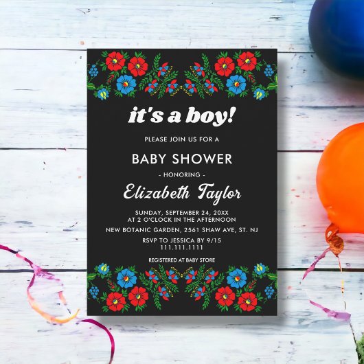 Invitation Boho Blue Red Roses Black Floral Boy Baby shower