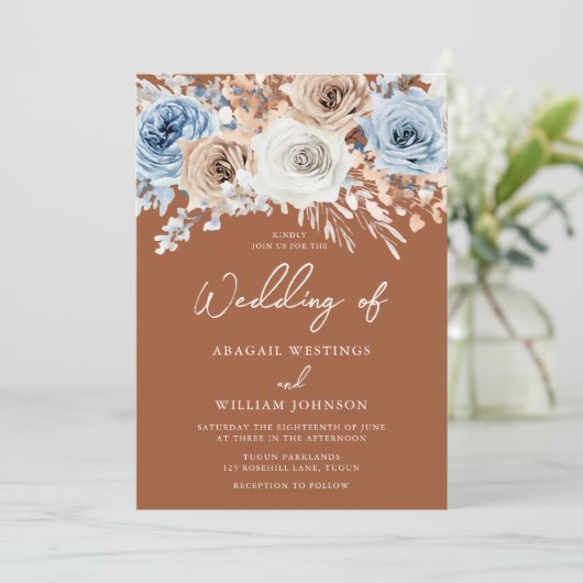 Invitation Boho Blue Terracotta Bohemian Floral Mariage (Debout devant)