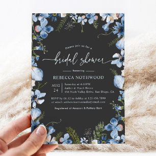 Invitation Boho Blue Watercolor Floral Charcoal Fête des mari