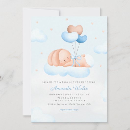 Invitation Boho Blue Watercolor mignonne Baby shower de ballo (Devant)
