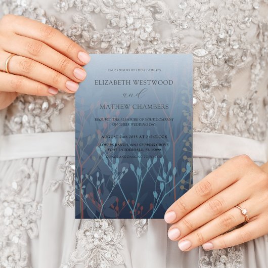 Invitation Boho Blue Wild Grasses & Folid Mariage
