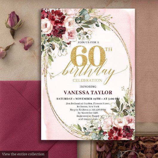 Invitation Boho Blush and Gold Burgundy 60th Birthday Card