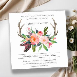 INVITATION BOHO BLUSH ANTLER FLORAL FEATHER MARIAGE CAMPAGNAR