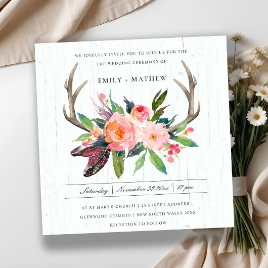 INVITATION BOHO BLUSH ANTLER MARIAGE CAMPAGNARD FLORAL EN BOI