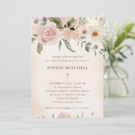 Invitation Boho Blush Aquarelle Fleurs Première Sainte Commun (Debout devant)