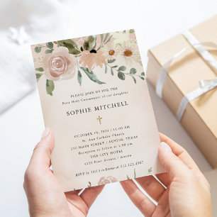 Invitation Boho Blush Aquarelle Fleurs Première Sainte Commun