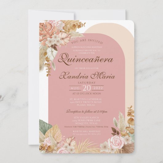 Invitation Boho Blush Beige séché Rose Floral Quinceanera (Devant)
