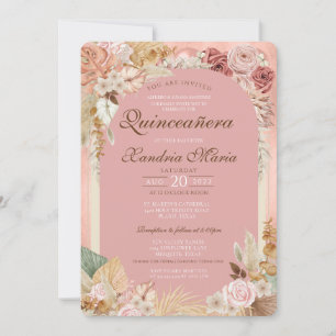 Invitation Boho Blush Beige séché Rose Floral Quinceanera