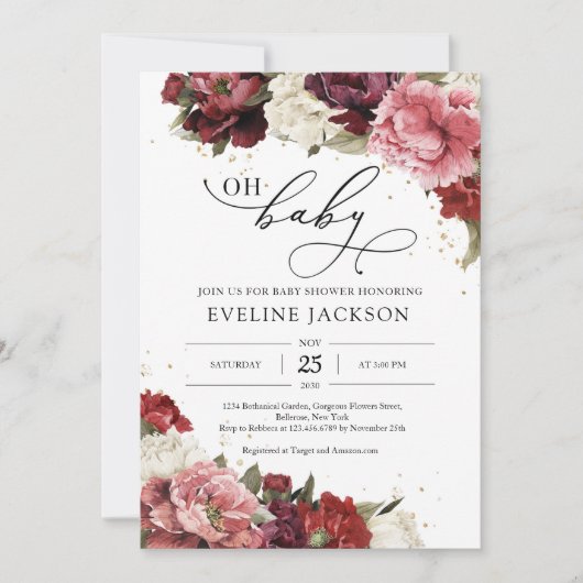 Invitation Boho Blush bordeaux fleurs mauve péconies or (Devant)
