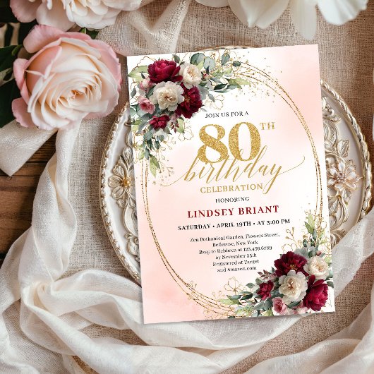 Invitation Boho Blush Burgundy Floral 80th Birthday Invite