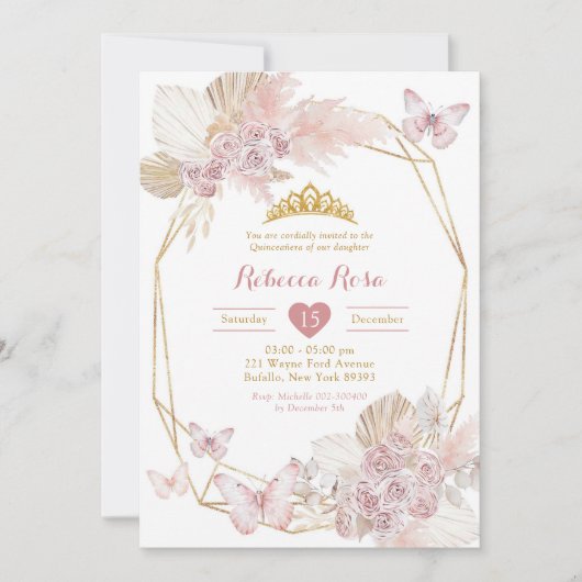 Invitation Boho Blush Butterfly rose Geoemtric Quinceañera (Devant)