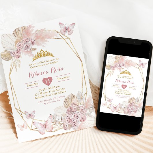 Invitation Boho Blush Butterfly rose Geoemtric Quinceañera