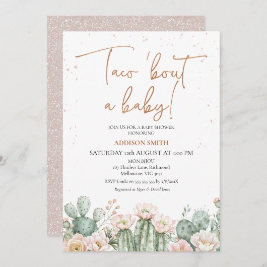 Invitation Boho Blush Cactus Taco à propos d'un bébé (Devant / Derrière)