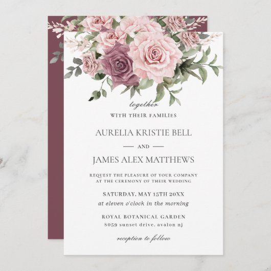 Invitation Boho Blush Cinnamon Rose Floral Greenery Mariage (Devant / Derrière)