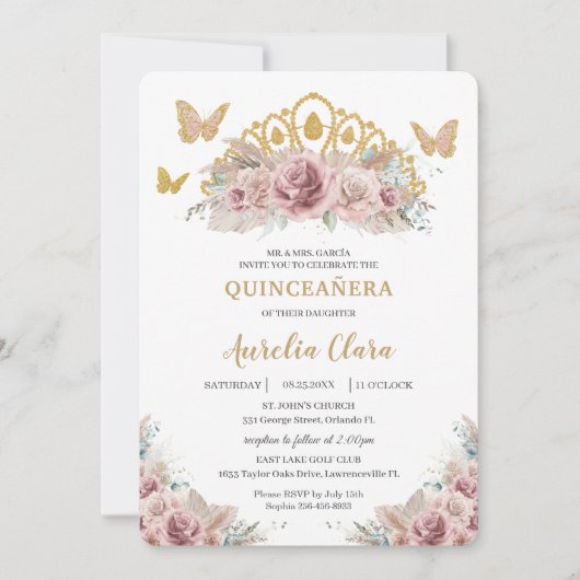 Invitation Boho Blush Dusty Rose Floral Pampas Quinceañera (Devant)