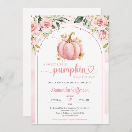 Invitation Boho blush et or un peu baby shower citrouille (Devant / Derrière)