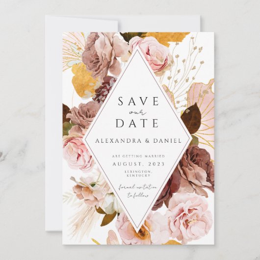 Invitation Boho Blush et pampas Rose enregistrer la date (Devant)