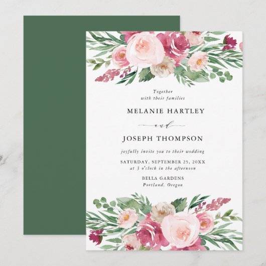 Invitation Boho Blush et rose Mariage floral (Devant / Derrière)