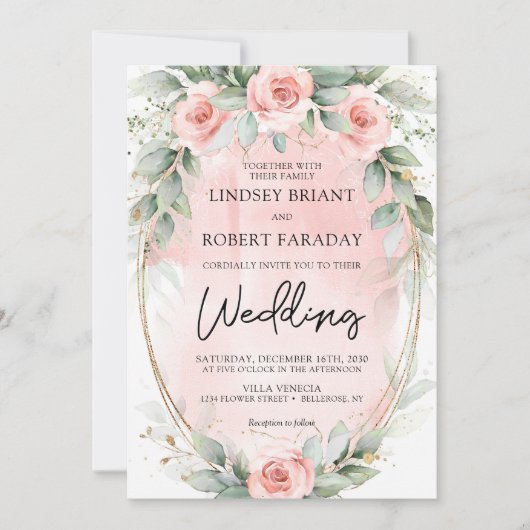 Invitation Boho blush et verdure et faux or oval (Devant)