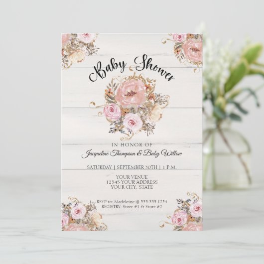 Invitation BOHO Blush Fall Floral Aquarelle Bois rustique Béb (Debout devant)