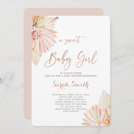 Invitation Boho Blush fille Baby shower (Devant / Derrière)
