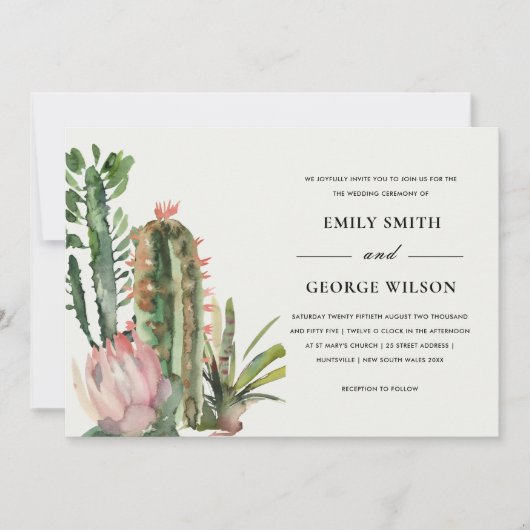 INVITATION BOHO BLUSH FLORAL DESERT CACTI FOLIAGE MARIAGE (Devant)