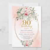 Invitation Boho Blush Floral Gold Frame Minimal 90th Birthday (Devant)