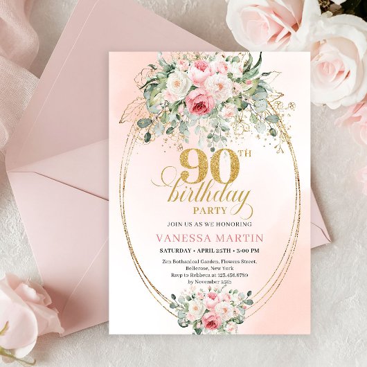 Invitation Boho Blush Floral Gold Frame Minimal 90th Birthday