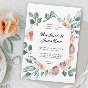 Invitation Boho Blush Floral Rose avec cadre géométrique