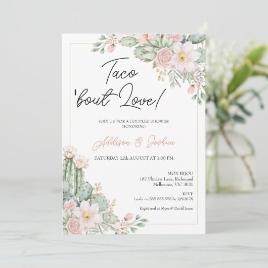 Invitation Boho Blush Floral Taco 'À propos de l'amour Couple (Debout devant)