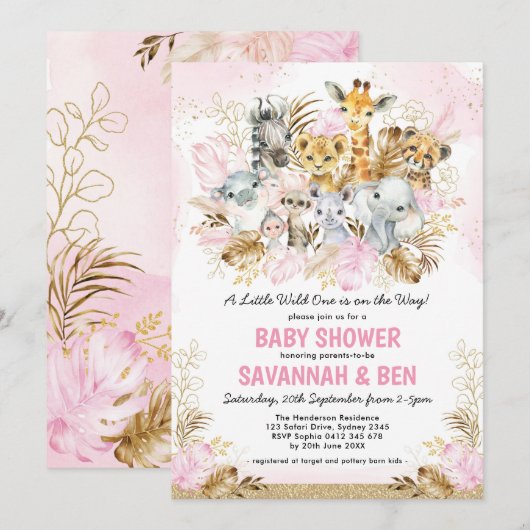 Invitation Boho Blush Gold Safari Animaux Baby shower fille (Devant / Derrière)