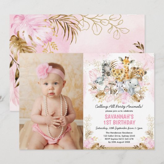 Invitation Boho Blush Gold Tropical Wild One Birthday Girl (Devant / Derrière)