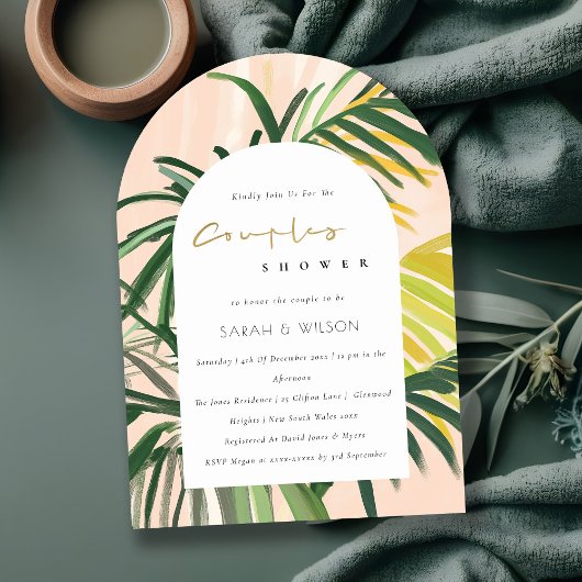 Invitation Boho Blush Green Palm Tropical Couples Douche