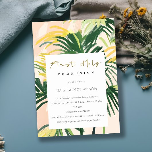 Invitation Boho Blush Green Tropic Palm Première Sainte Commu