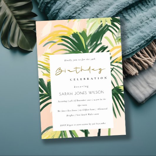 Invitation Boho Blush Green Tropical Palm Beach Anniversaire
