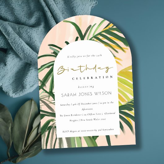 Invitation Boho Blush Green Tropical Palm Beach Anniversaire