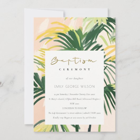 Invitation Boho Blush Green Tropical Palm Beach Baptême (Devant)