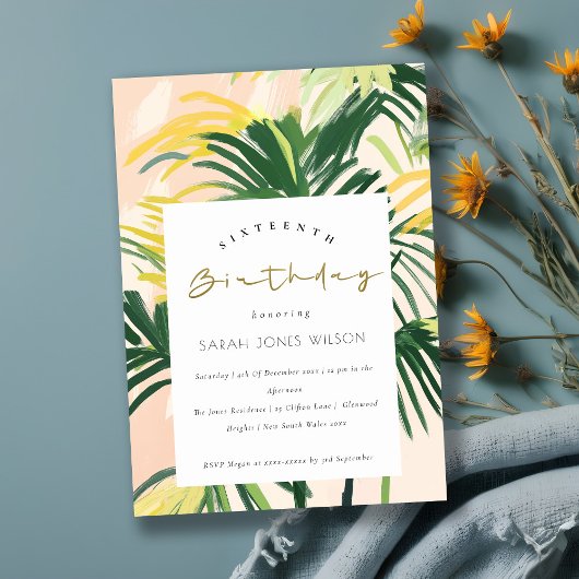 Invitation Boho Blush Green Tropical Palm Sweet 16 Anniversai